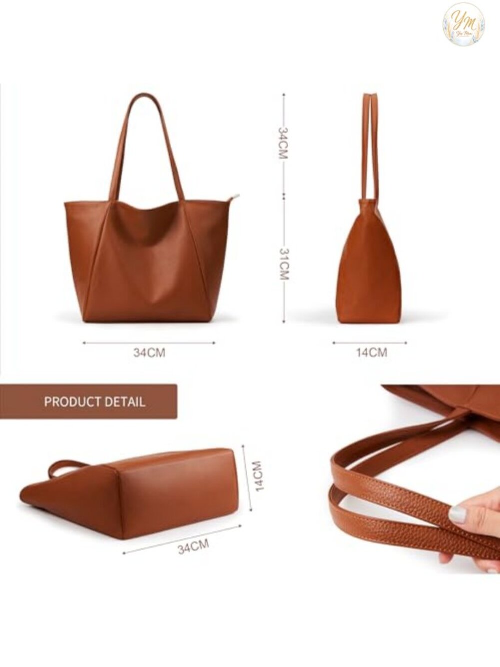 Large Vegan Leather Tote Bag 16L Zipper Work Weekender Hobo Shoulder Purse - Picture 3 of 6